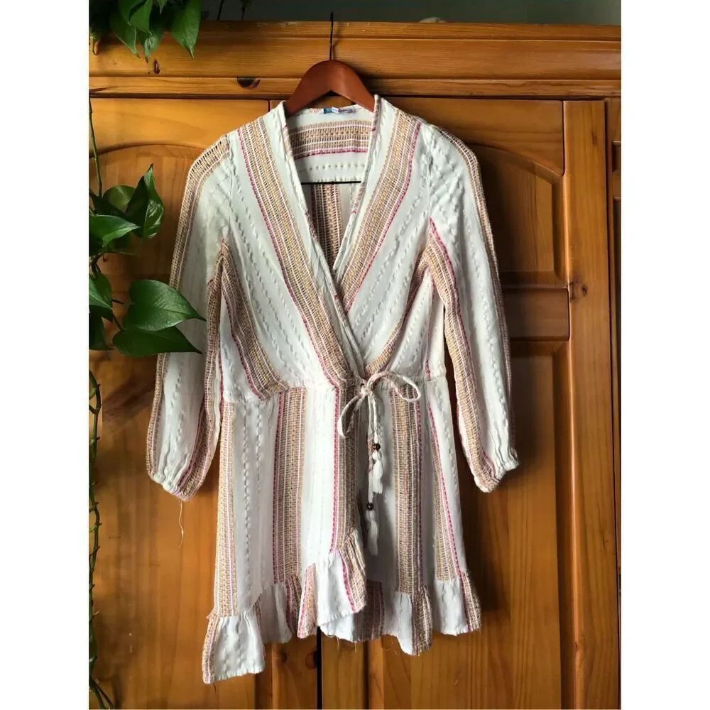Blue Island Boho Wrap Dress XS Cream Striped Ruffle Hem Rayon - Picture 2 of 13